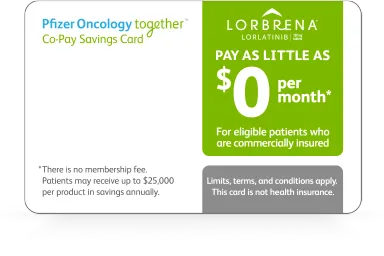 Pfizer Oncology Together™ Co-Pay Savings Card for LORBRENA® (lorlatinib). T&C apply.
